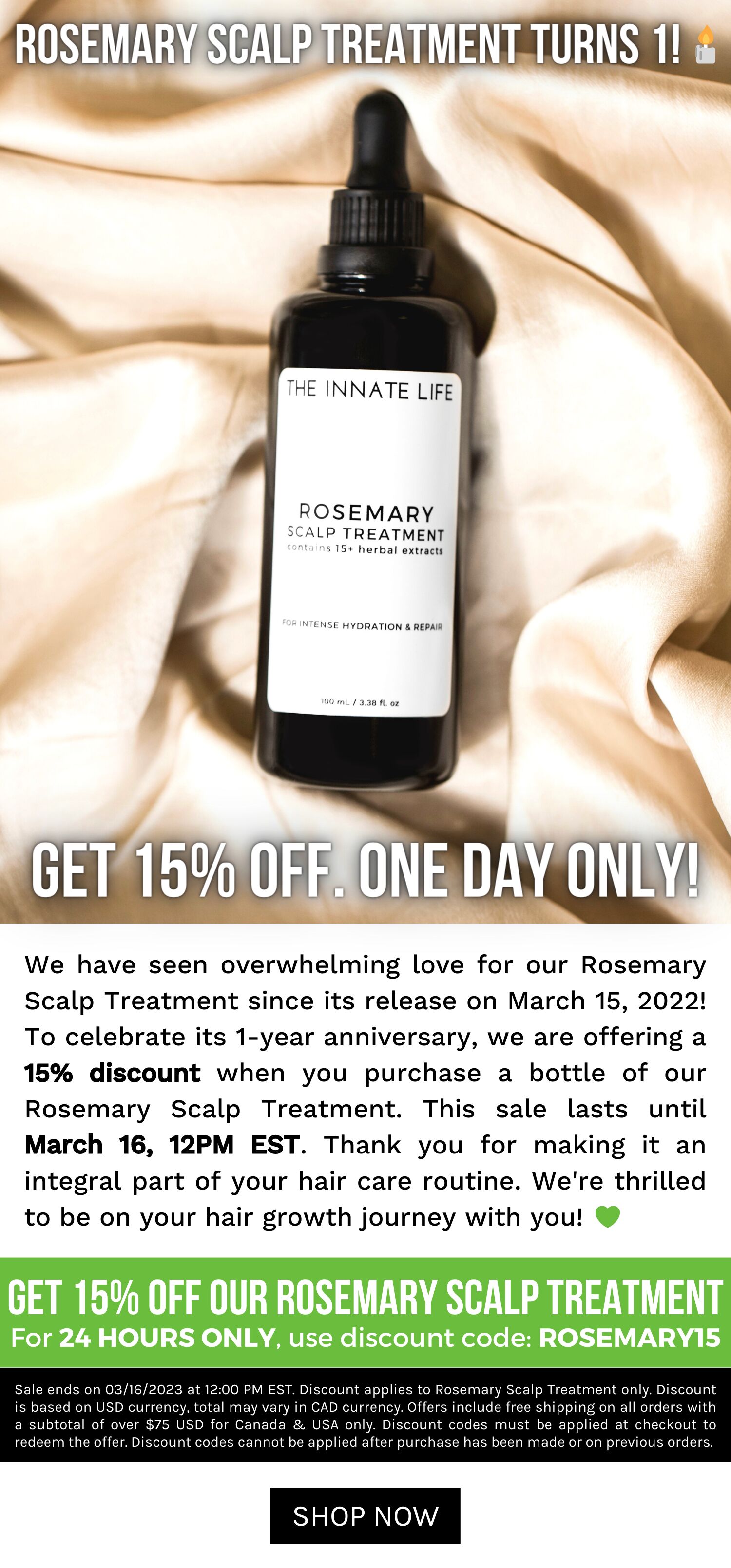 Our Rosemary Scalp Treatment Turns 1! Get 15 OFF 🎉 The Innate Life